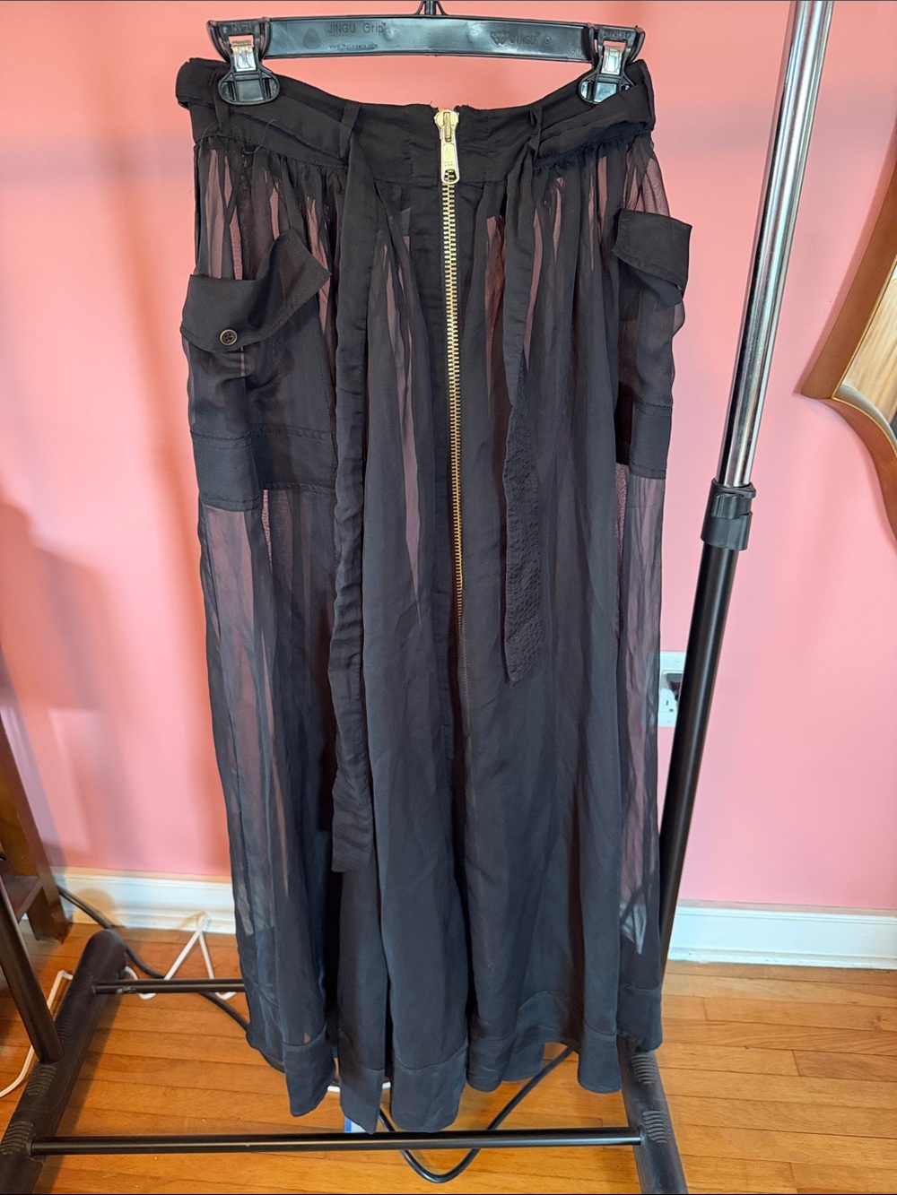 Anthropologie Black Sheer Maxi Skirt with Gold Zip